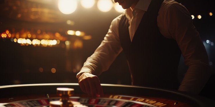 Close-up of live dealing table with gem-themed cards and betting terminals